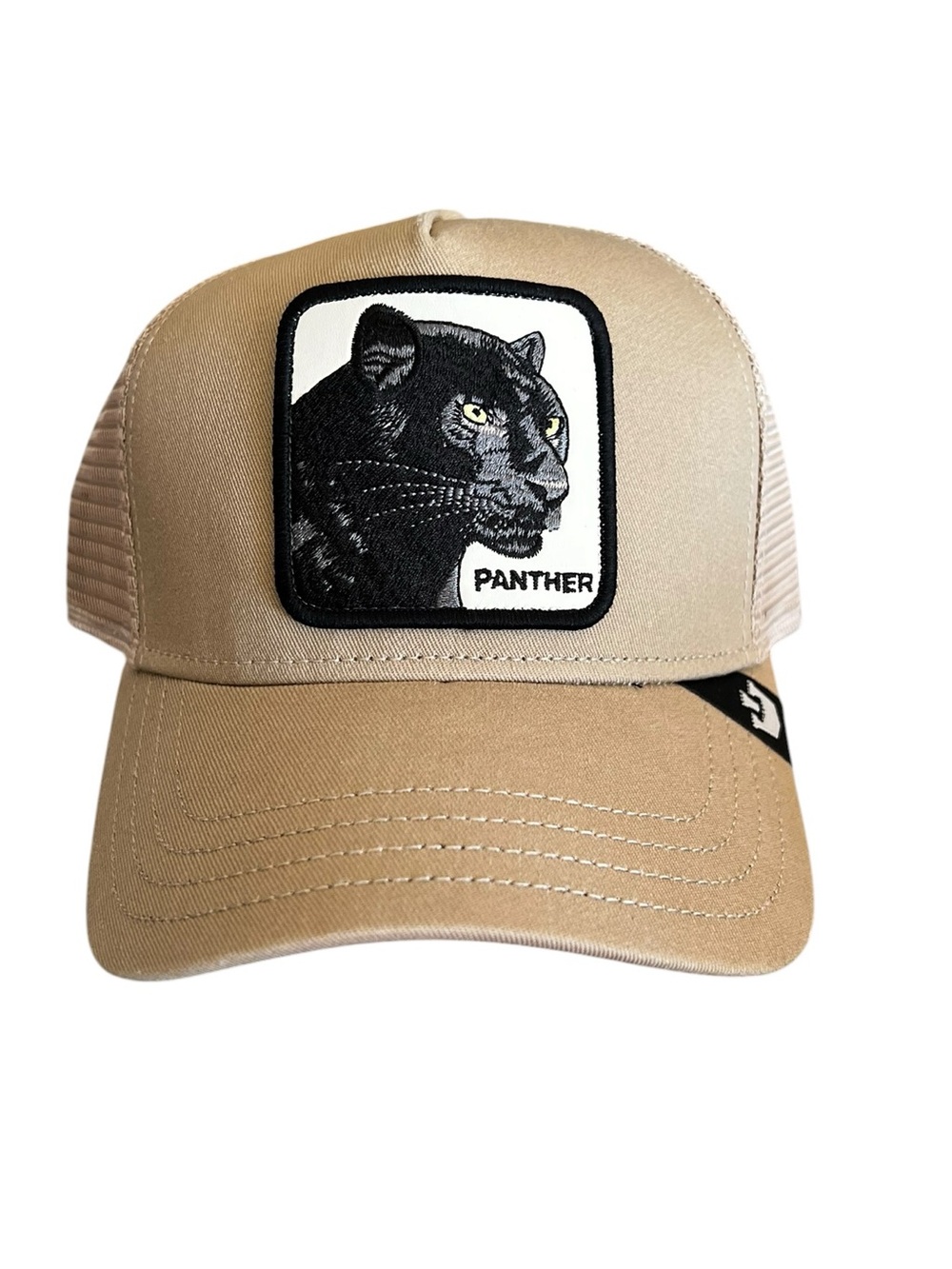 New Goorin Bros Black Panther Embroidered Patch Snap Back Tan Brown Trucker Hat
